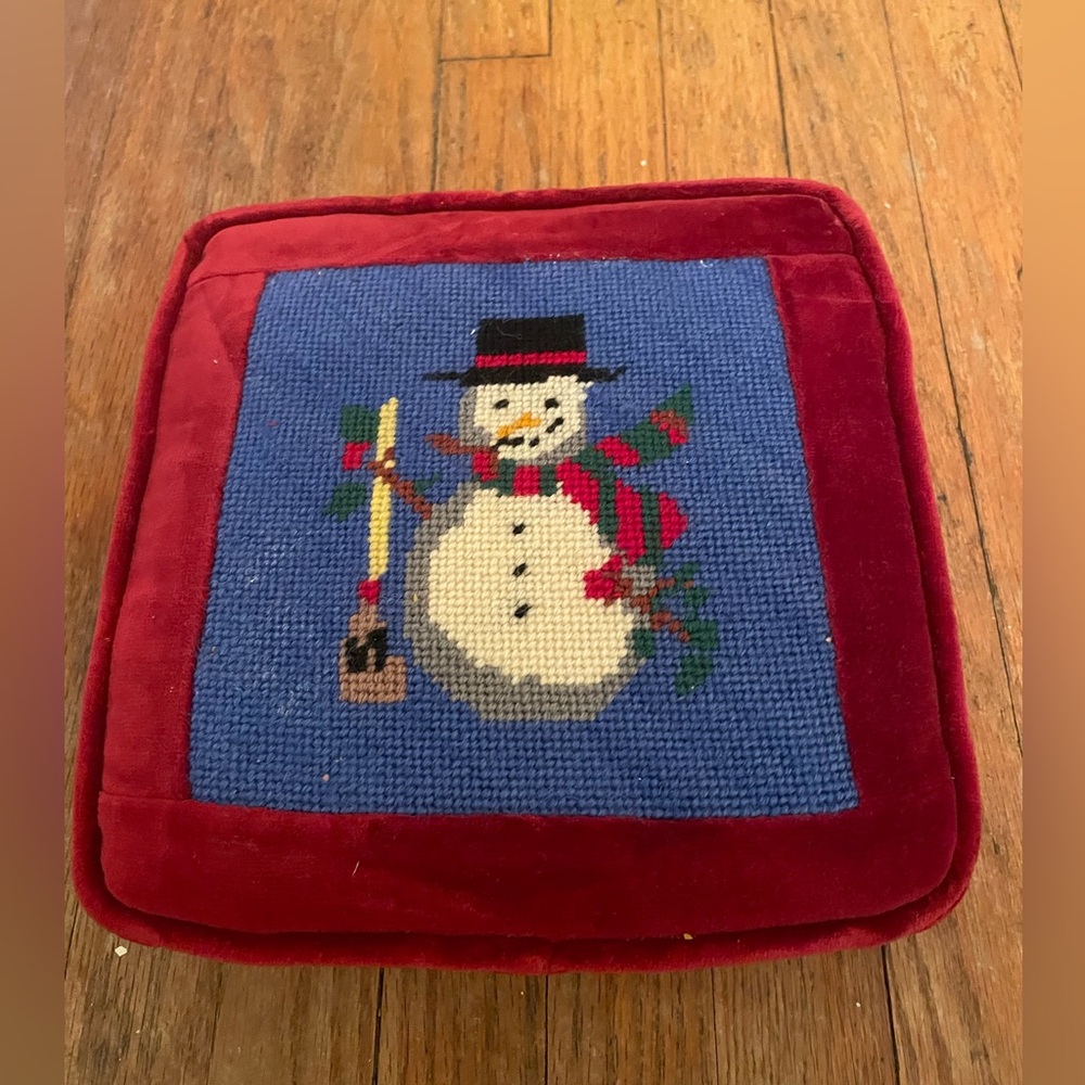 Vintage Needlepoint Christmas Snowman Pillow